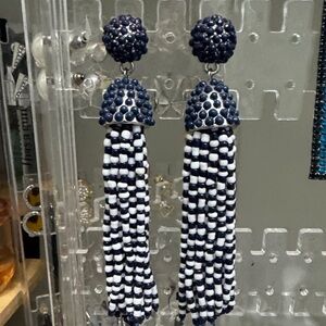 Beaded Tassel Drop Earrings - Navy & White